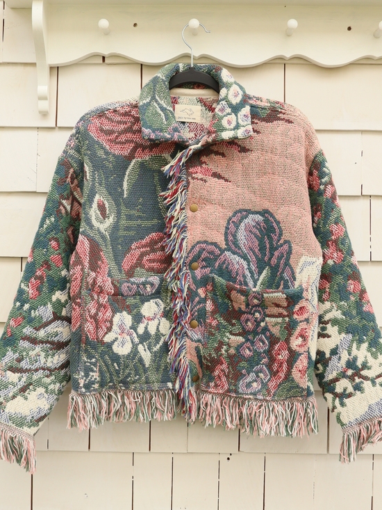 Handmade Jackets & Blazers - Upcycled Vintage Blanket Jacket With Fringe Garden Flowers Cottagecore